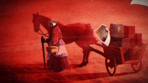 Illustration d'une femme à côté du cariole à bagages.