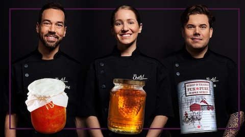 Un montage photograph  des chefs de la brigade avec un cookware  de ketchup maison, un cookware  de miel et une canne de sirop d'érable.