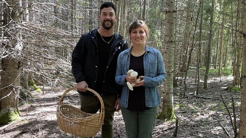 Les deux personnes sont dans une forêt. L'homme tient un panier et la femme a trois champignons blancs dans ses mains.