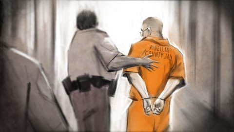 Illustration d'un policier escortant un prisonnier menotté.