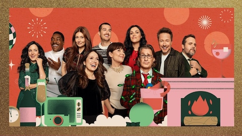 Montage de toutes les vedettes de la soirée du 31 décembre sur fond rouge et avec des illustration.