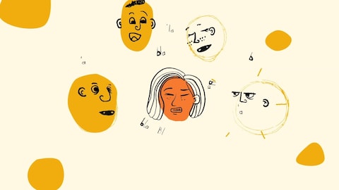 Radio-Canada Une illustration montrant le visage d'une efemme inconfortable au milieu d'autres personnes qui envoient des signaux dans sa direction.