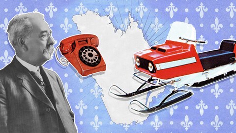 Montage visuel avec l'inventeur Cyrille Duquet, un téléphone et une motoneige.