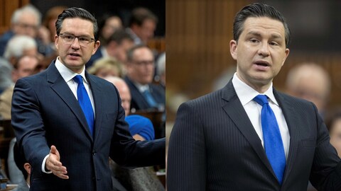 Deux images de Pierre Poilièvre au parlement. Avec, et sans lunettes.