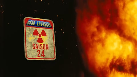 Un panneau radioactif où on peut lire Infoman saison 24 à côté d'une boule de feu explosive.