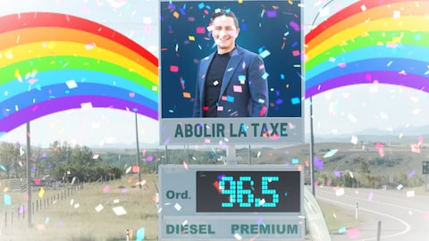 Pierre Poilievre sur le panneau d'une station-service avec des confettis et un arc-en-ciel.