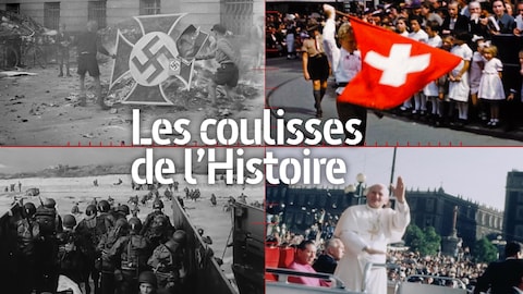 Un montage d'images de nazisme, de la Suisse, d'un débarquement et d'un pape.