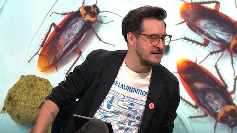 Sébastien Diaz devant une image qui affiche des insectes.