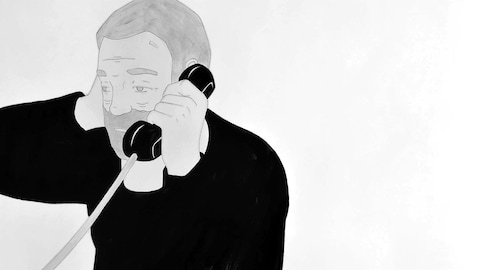 Un dessin en noir et blanc d'un homme barbu au téléphone.