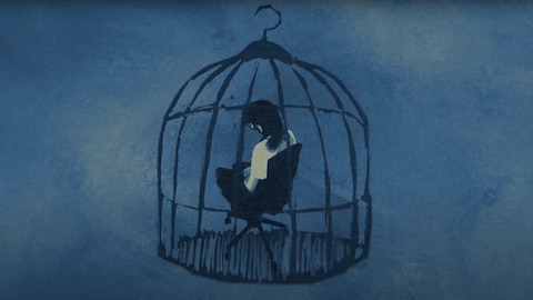 Dessin d'un femme se trouvant dans une cage.