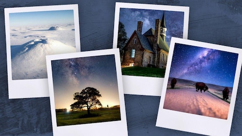 Montage d'image sous forme de 4 photos polaroid sur un fond foncé. Il y a 3 photo de nuit : d'un arbre, d'un manoir et d'un bison sous le ciel étoilé puis une photo de monts enneigés.