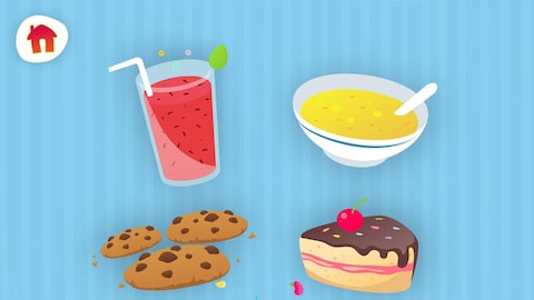 On voit une page de l'appli avec des cookies, une soupe, un gâteau et un cocktail
