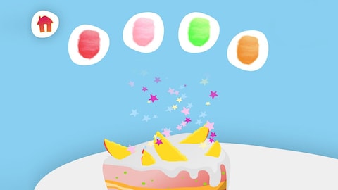 On voit une page de l'appli avec une part de gâteau et plein de couleurs