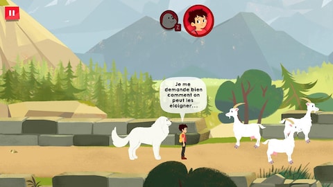 Une image de l'appli : le jeune garçon Sébastien est entouré de chèvres. La chienne Belle est avec lui.