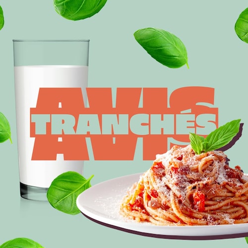 Un verre de lait, un plat de spaghetti et le logo d'Avis tranchés sur un fond vert.
