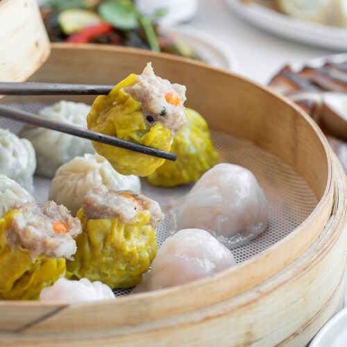 Des dumplings de type dim sum dans un plat.