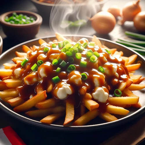 Une photo de poutine à l'allure irréaliste : les frites sont déposées comme une couronne, la sauce a des reflets bizarres et des oignons verts ont été répandus sur le dessus du mélange.