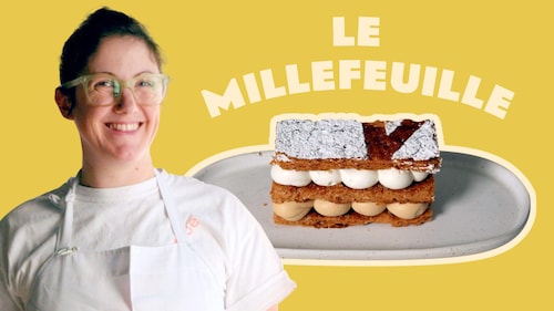 La chef pâtissière de Rhubarbe, Stéphanie Labelle, et son millefeuille.