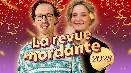 Les humoristes Pascal Cameron et Liliane Blanco-Binette sur un fond festif avec le nom de la websérie La revue mordante 2023.