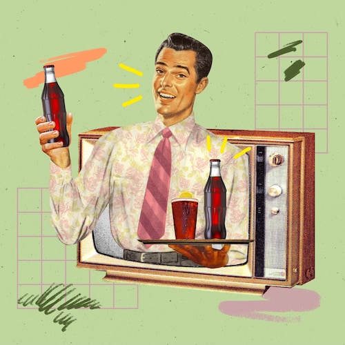 Un personnage vintage sort d'une vieille télé avec des bouteilles de Coca.