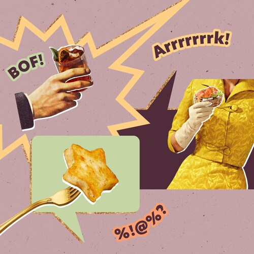 Une main qui porte un toast, une femme qui tient un canapé et fourchette qui pique un morceau de tofu en forme d'étoile.