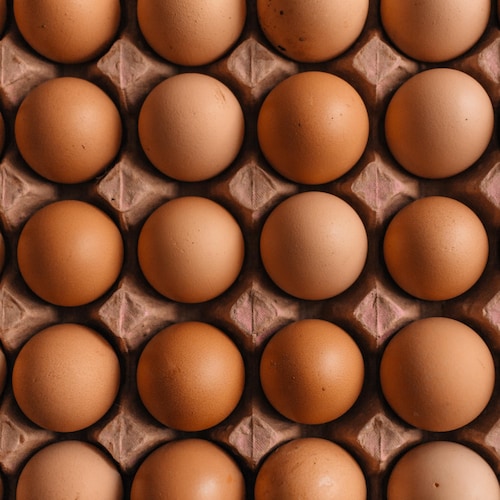Un carton d'œufs bruns vu de haut.