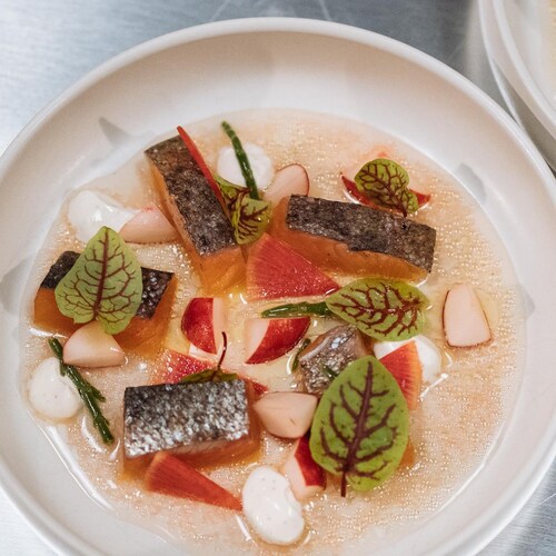 Un bol avec des morceaux de gravlax, des dés de radis marinés, de la salicorne et de l'oseille en garniture.
