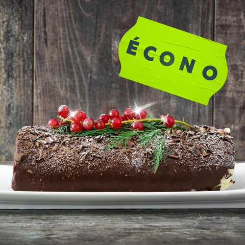 Une bûche de Noël au chocolat avec une étiquette de prix mentionnant ''écono''.