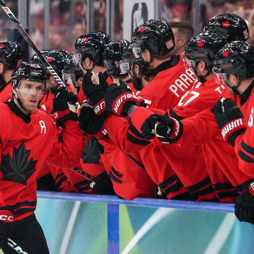 Des hockeyeurs célèbrent un but.