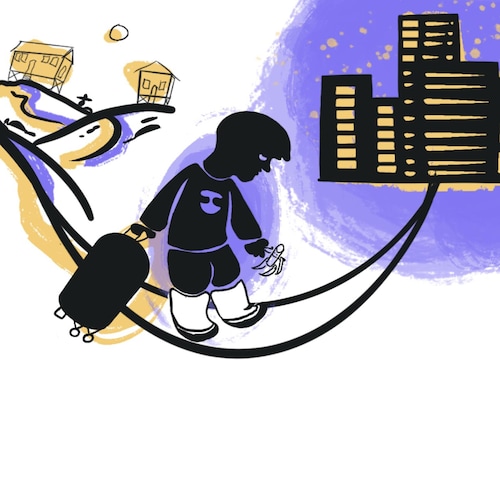 Illustration d'entête d'un enfant qui se tient sur un chemin avec une valise entre un village de petites maisons et une grande ville d'immeubles.