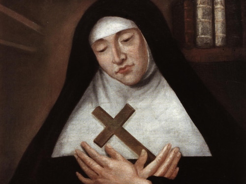 Marie de L'Incarnation tient une croix en bois dans ce portrait peint par Hugues Pommier.