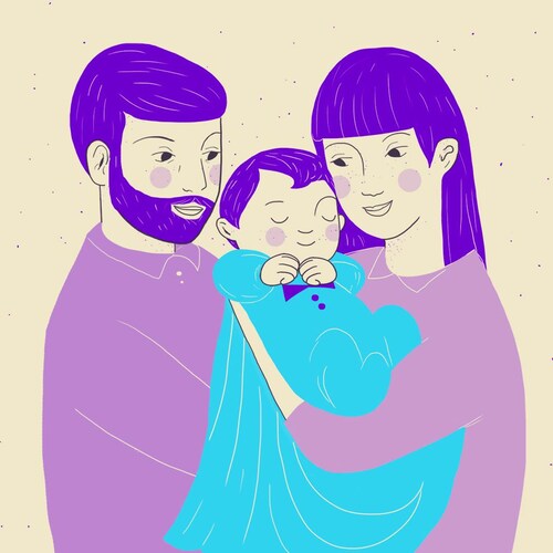 Une illustration d'une famille et son bébé.