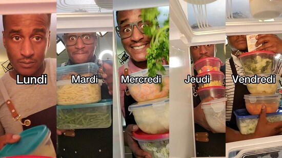 Jérémie Jean-Baptiste ouvrant son frigo et prenant des ingrédients dedans chaque jour de la semaine.