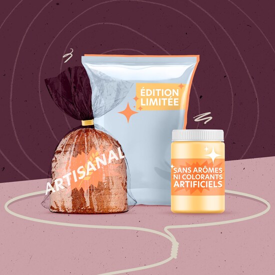 Un pain avec la mention «artisanal». Un sac avec la mention «édition limitée». Et un pot avec la mention «sans arômes ni colorants artificiels». Les trois éléments sont entourés d'un lasso.