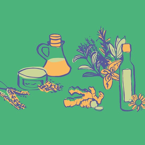 Illustration de différents produits alimentaires, dont une bouteille d'huile, une conserve et du gingembre.