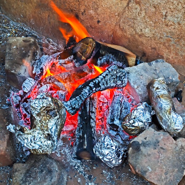 Un feu, des bûches, des aliments dans du papier aluminium.