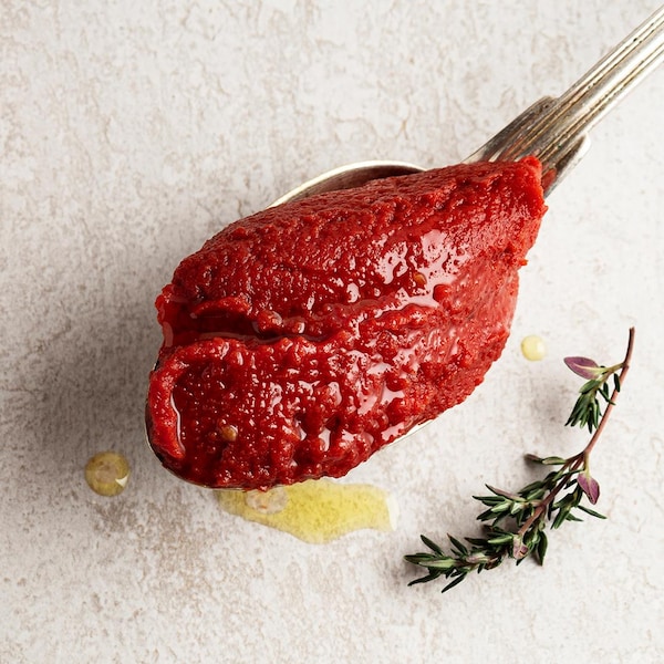 De la pâte de tomates dans une cuillère.