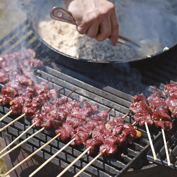 Des brochettes de cubes de viande de bernache en train de cuire sur la grille d'un feu de camp.