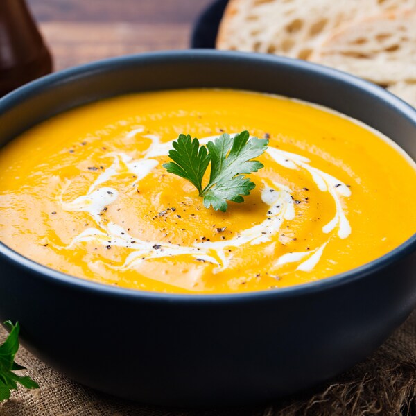 Une soupe de patates douces et de carottes avec un brin de coriandre sur le dessus.