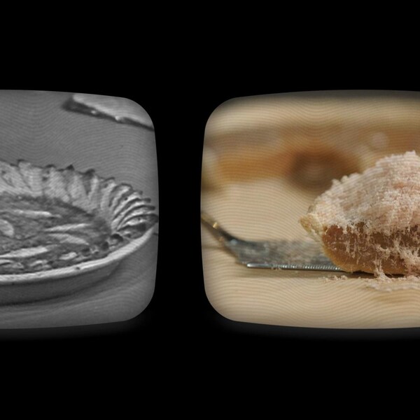 Une vieille image de tarte au sucre présentée aux côtés d'une image de la recette de tarte au sucre d'érable et au foie gras.