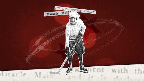 Découpage et montage de différents éléments : photo d'Albertine Lapensée tenant un bâton de hockey, une feuille de papier, des étoiles, ainsi que des découpures de journaux « The Lady Hockey Wonder » et « Miracle Maid »