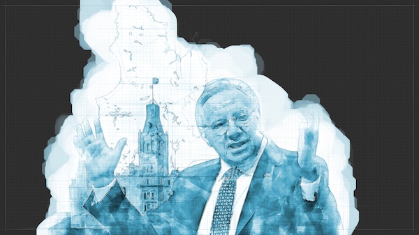 Une illustration de François Legault devant l'Assemblée nationale et une carte du Québec.