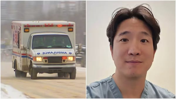 Un photomontage montrant, à droite, un homme fixant du regard l'objectif d'une caméra, et, à gauche, une ambulance.