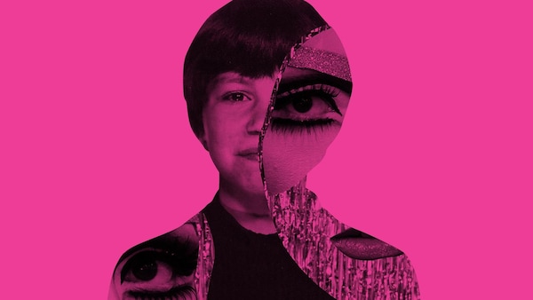 Photo montage d'un portrait de garçon sur lequel sont intégrées des images de yeux et lèvres maquillés.