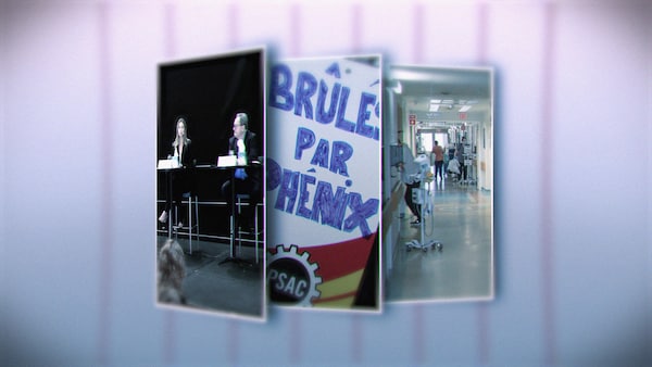 De gauche à droite : une photo du débat de la course à la mairie de Gatineau, une photo d'une affiche sur laquelle il est écrit « Brûlés par Phénix », et une photo d'un corridor d'hôpital.