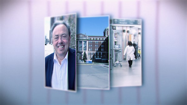 De gauche à droite, une photo du candidat à la mairie Yves Ducharme, une photo d'un immeuble, et une photo d'un corridor d'hôpital.