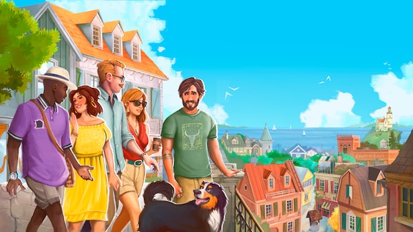 Des personnages de jeux vidéo et un chien devant une ville.
