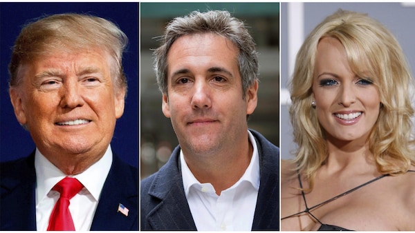 Montage photo montrant Donald Trump, Michael Cohen et Stephanie Clifford.