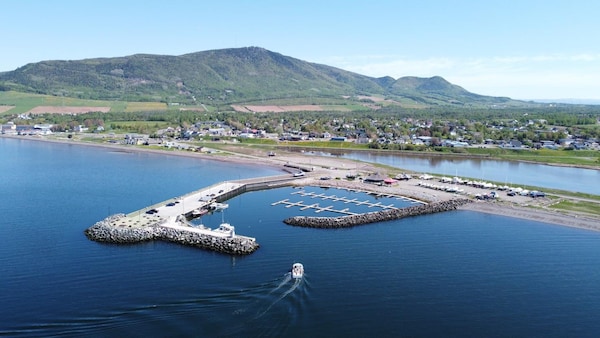 Une photo aérienne de Carleton-sur-Mer prise au-dessus d'un plan d'eau. Au premier plan, le quai et la marina.