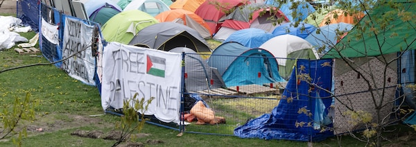 Une quinzaine de tentes sont entassées sur un terrain gazonné. 